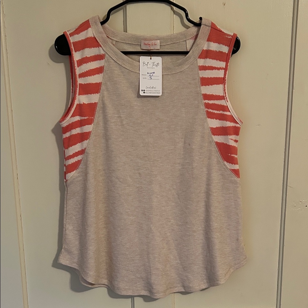 Tan and Coral Striped Sleeveless Top